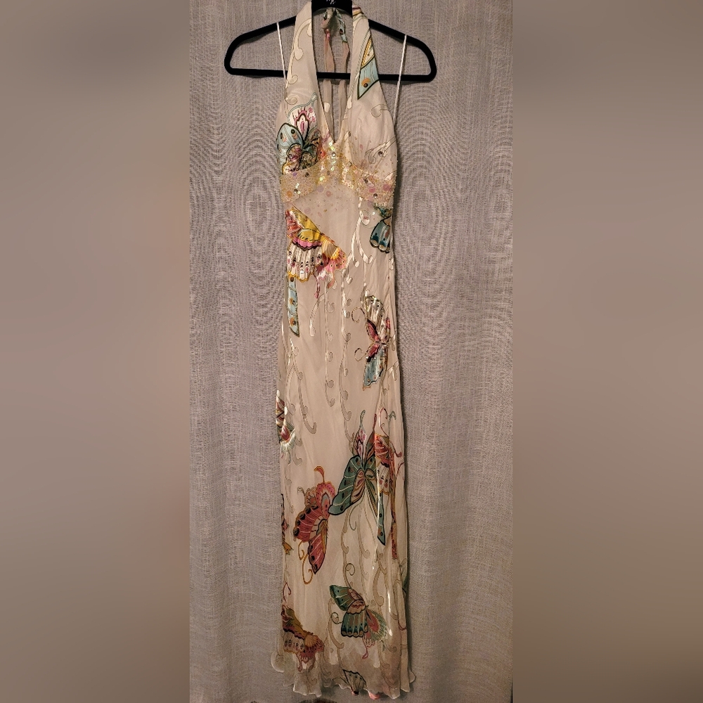 Elegant Butterfly Print Couture Halter Dress